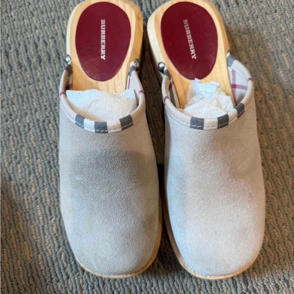 Burberry Light Gray Suede Clogs with Check Trim barely worn.